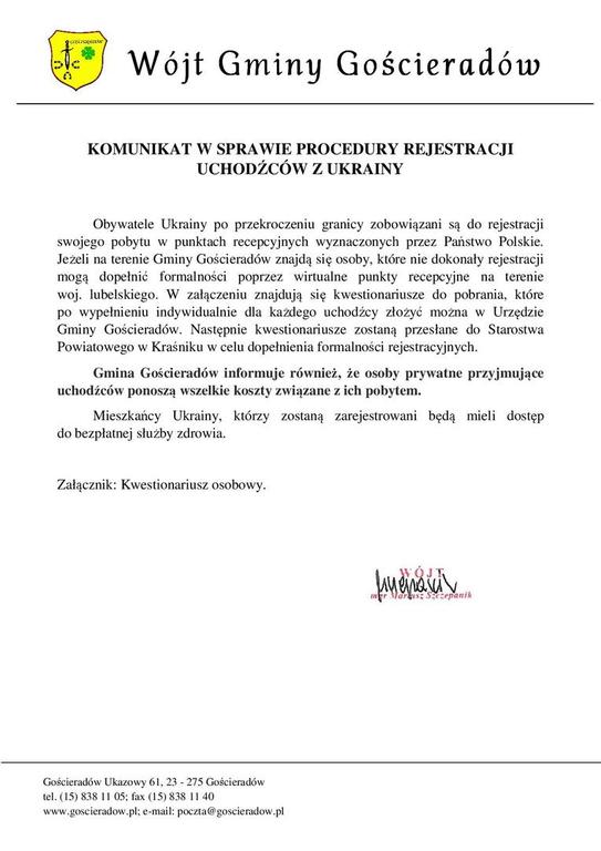 KOMUNIKAT W SPRAWIE PROCEDURY REJESTRACJI UCHODŹCÓW Z UKRAINY (link otworzy duże zdjęcie)