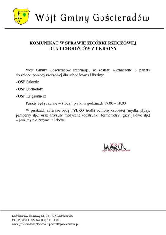 KOMUNIKAT W SPRAWIE ZBIÓRKI RZECZOWEJ DLA UCHODŹCÓW Z UKRAINY (link otworzy duże zdjęcie)