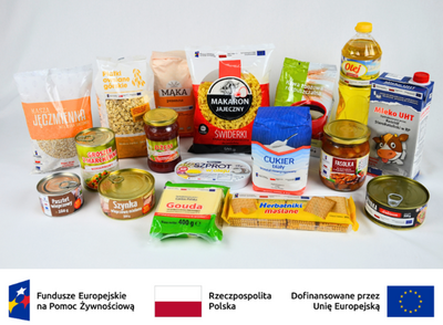 Obraz zawiera produkty żywnościowe w ramach Programu Fundusze Europejskie na Pomoc Żywnościową 2021-
